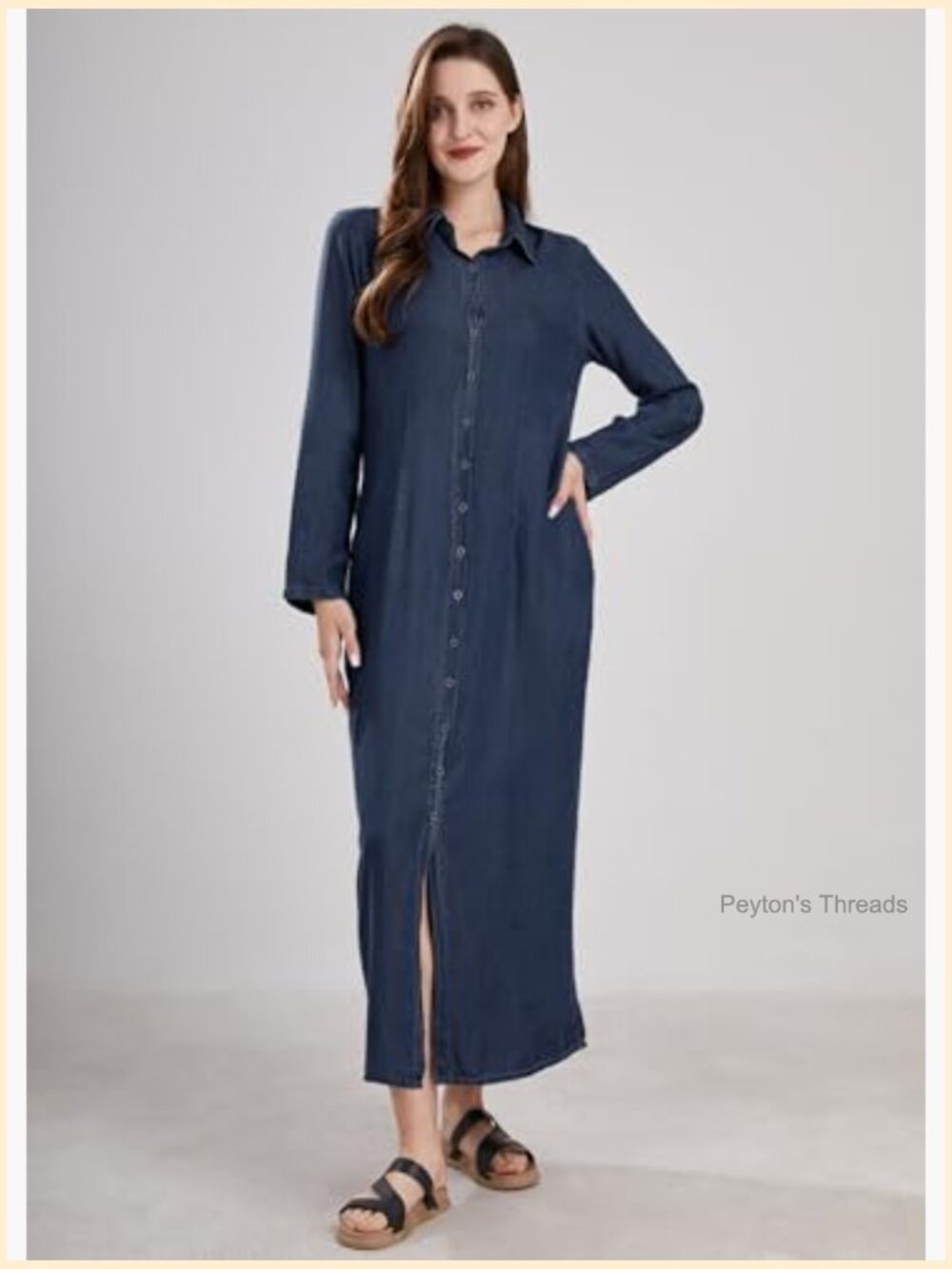Womens Casual Button Down Denim Maxi Dress Long Sleeve with Pockets - Picture 2 of 7
